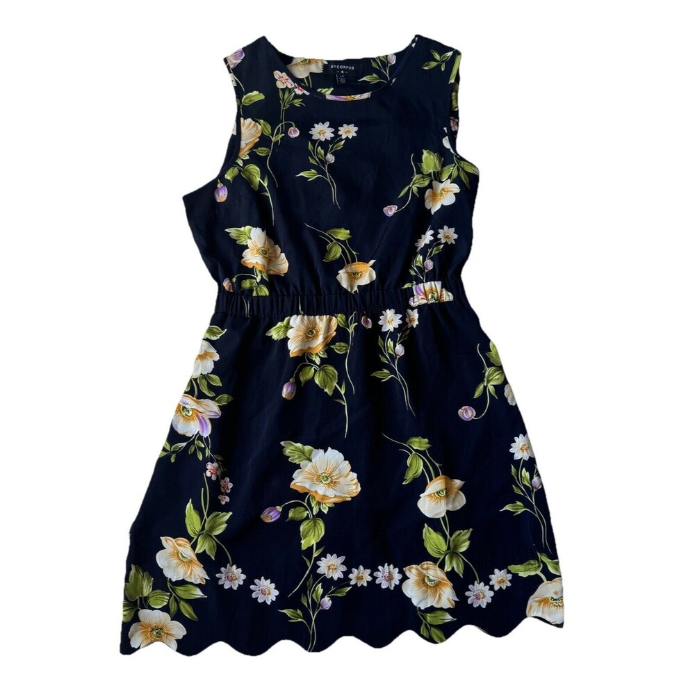 Urban Outfitters ByCorpus Blue Black Floral Scalloped Open Back Dress Pockets L